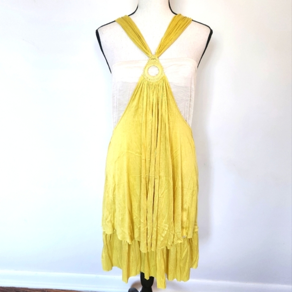 Vintage Y2K Free People Yellow Crochet Halter Tiered Mini Dress-Summer Festival